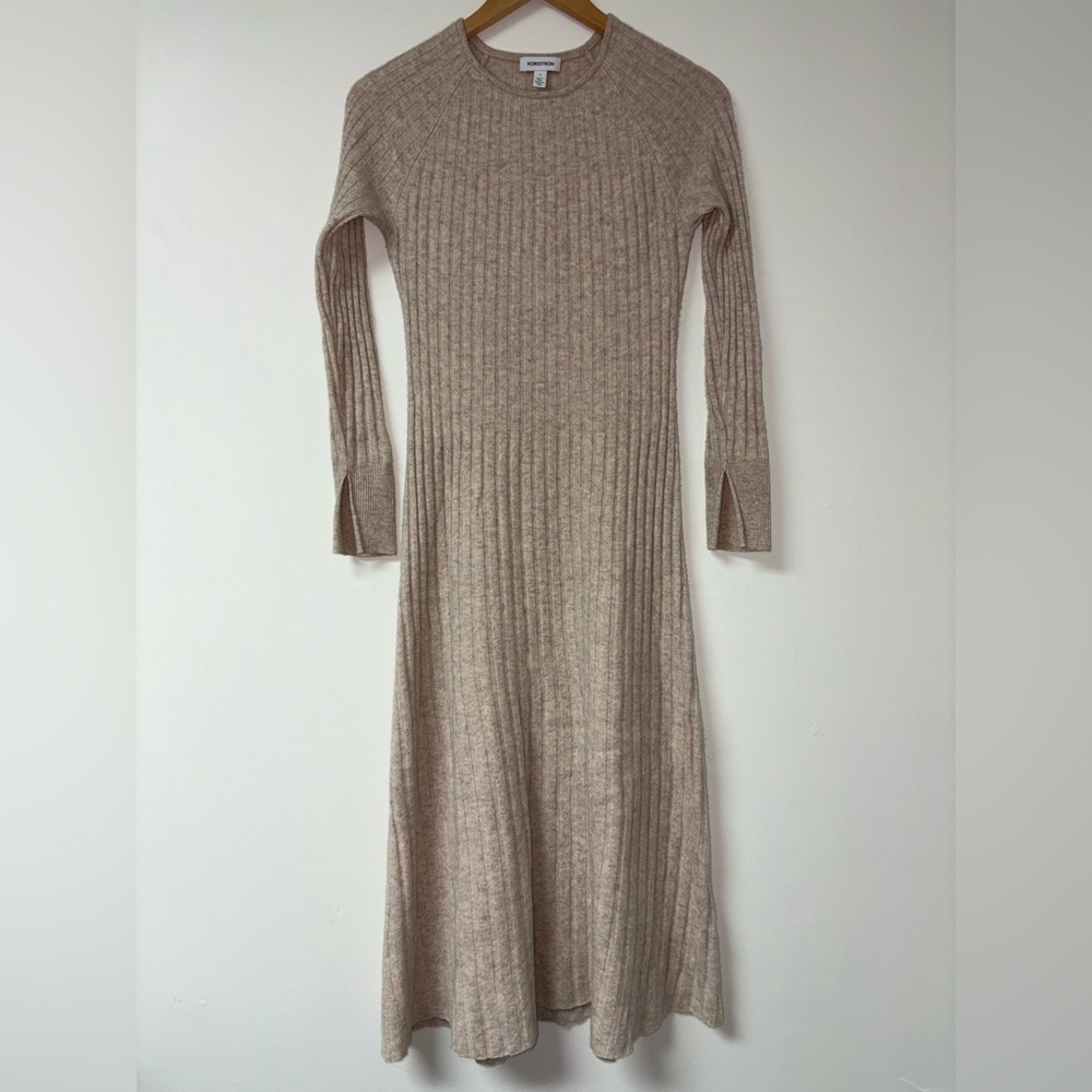 Nordstrom Beige Long Sleeve Ribbed Dress